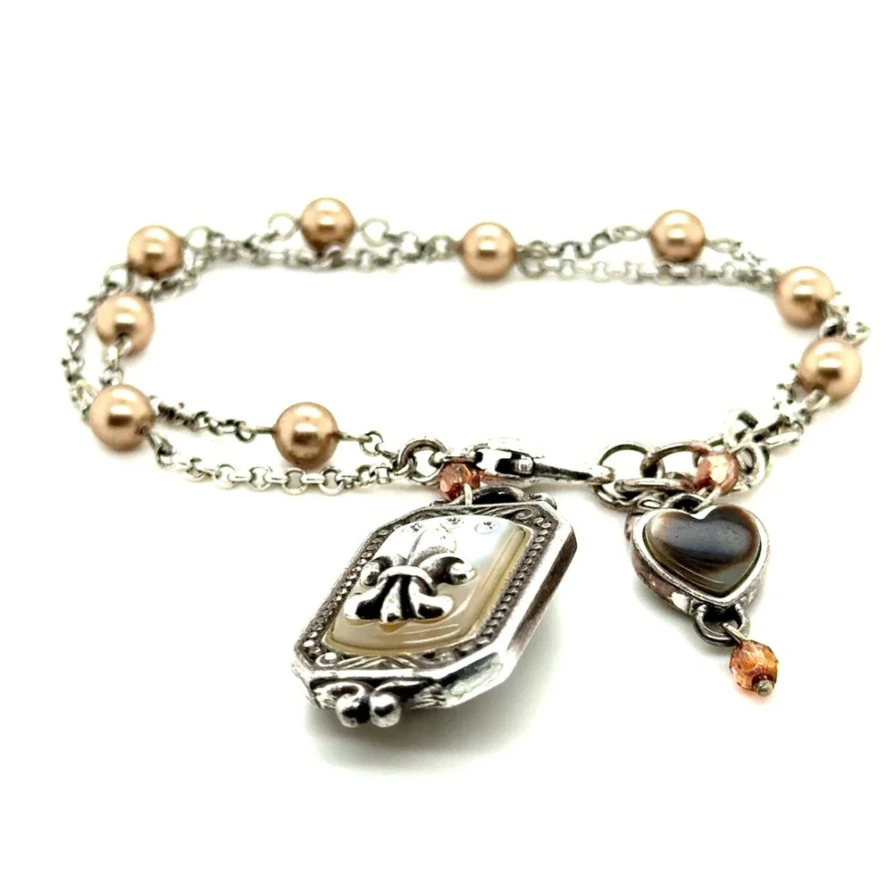 Brighton Fleur-de-Lis Mother of Pearl Heart Charm Pearl Double Strand Bracelet